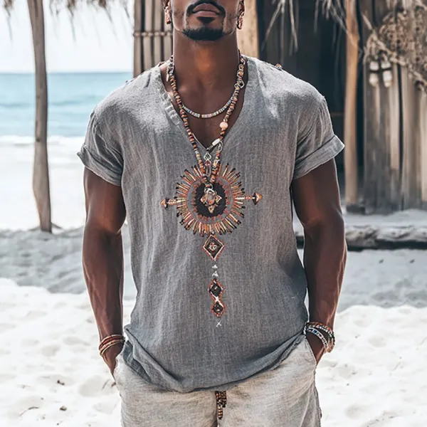Bohemian Tribal Embroidery Print Art Painting Linen Casual V-neck T-shirt - Trisunshine.com 