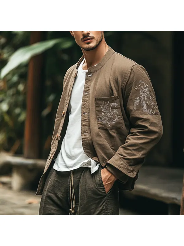 Men's Vintage Embroidery Multi Pocket Linen Coffee Coat Jacket - Aptkoi.com 
