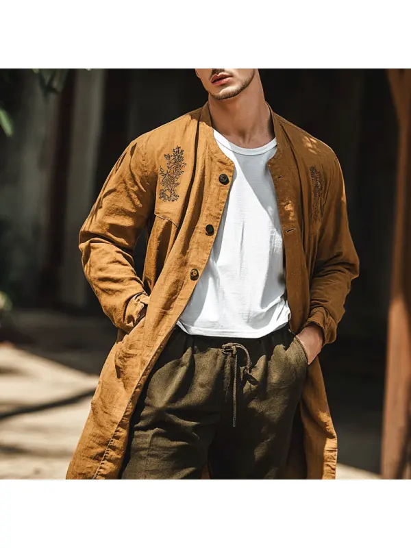 Men's Vintage Embroidery Multi Pocket Linen Khaki Coat Jacket - Aptkoi.com 