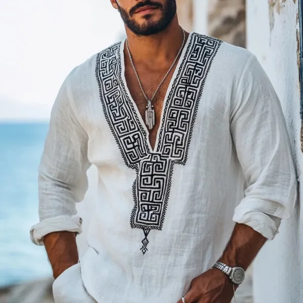 Men's Retro Greek Key Graphics Linen V-neck Shirt - Trisunshine.com 