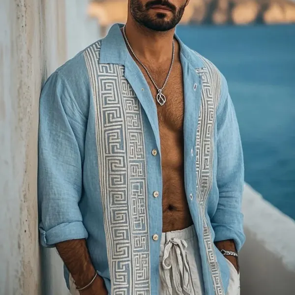 Men's Retro Greek Key Pattern Linen Blend Comfy Blouse - Trisunshine.com 