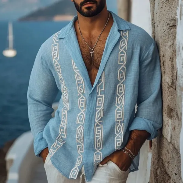 Men's Retro Greek Key Inspired Linen Blend Comfy Blouse - Trisunshine.com 