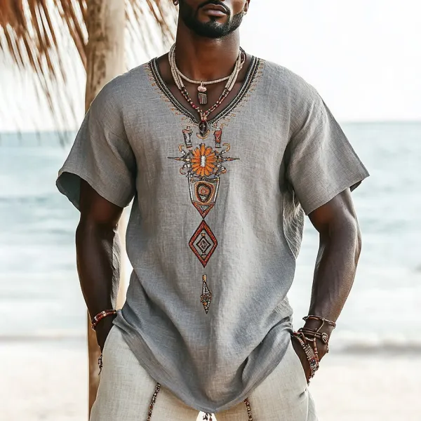 Bohemian Tribal Embroidery Print Art Painting Linen Casual T-shirt - Trisunshine.com 