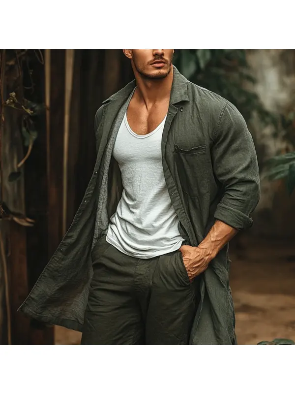 Men's Retro Multi Pocket Linen Coat Jacket - Aptkoi.com 