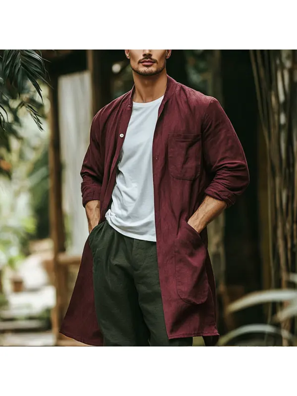 Men's Retro Multi Pocket Linen Coat Burgundy Jacket - Aptkoi.com 
