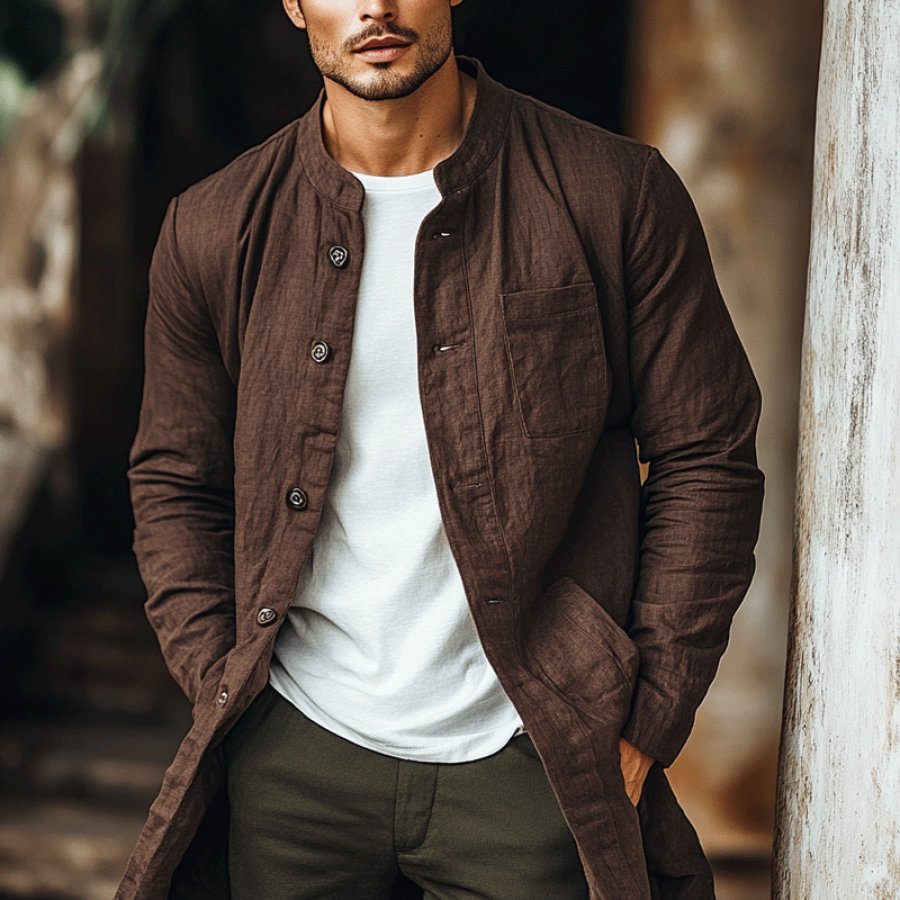 

Men's Vintage Multi Pocket Linen Brown Coat Jacket