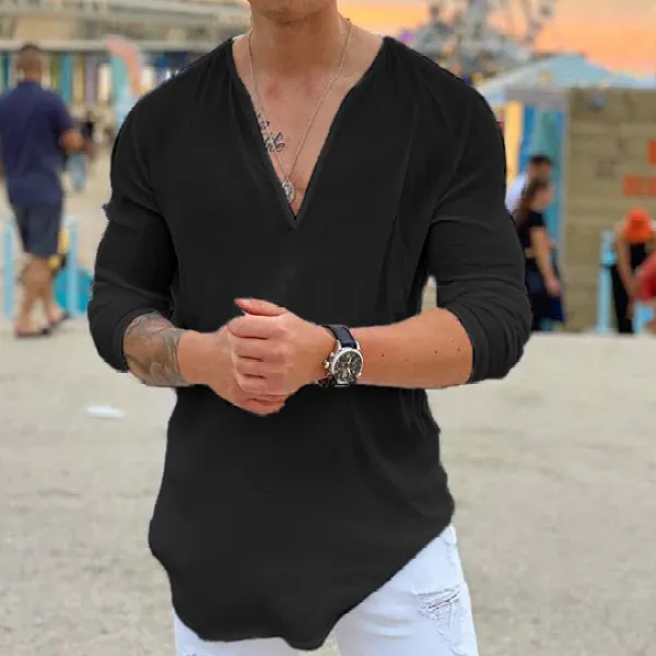 Casual Solid Color V-neck Long Sleeve T-shirt - Anurvogel.com 