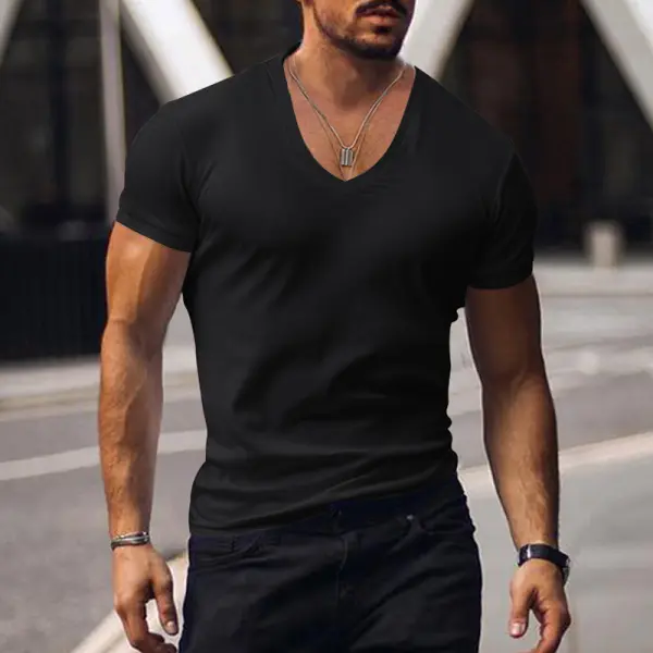 Mens Solid Color Classic V-neck Basic Tee - Dozenlive.com 