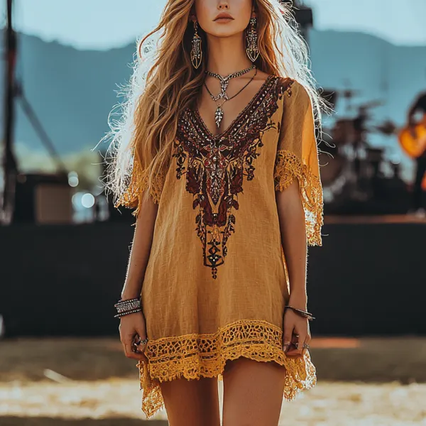 Music Festival Rock Rave Party Vintage Wasteland Ethnic Lace Tassel Floral Linen Dress - Cotosen.com 