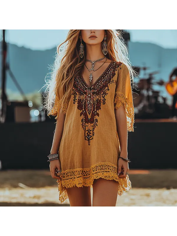 Music Festival Rock Rave Party Vintage Wasteland Ethnic Lace Tassel Floral Linen Dress - Cominbuy.com 