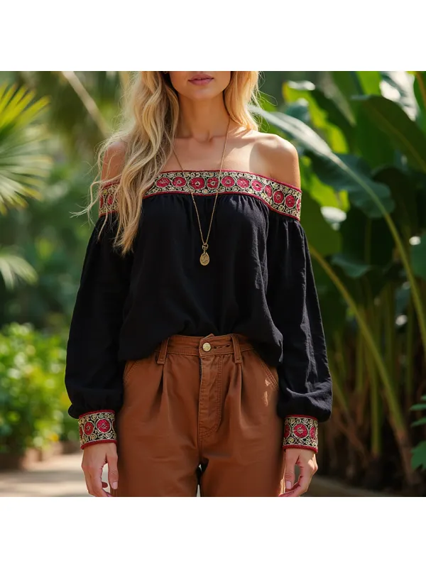 Women's Casual Ethnic Retro Embroidered Off-shoulder Long-sleeved Shirt - Shopyiyistories.com 