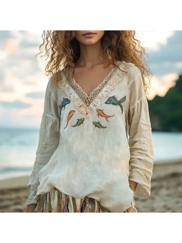 Retro Shoal Of Fish Embroidery Print Linen Blend Loose Blouse - Cominbuy.com 