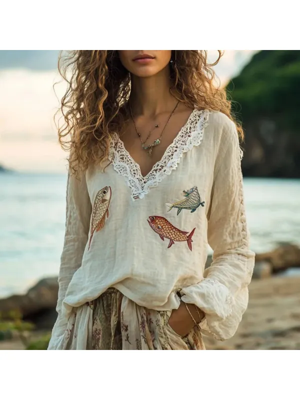 Retro Fish Embroidery Print Linen Blend Loose Blouse - Cominbuy.com 