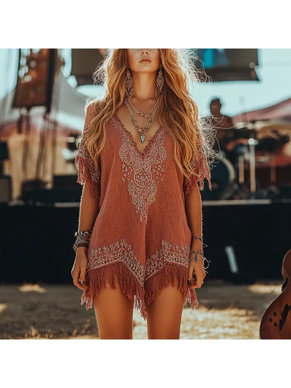 Music Festival Rock Rave Party Vintage Wasteland Ethnic Lace Tassel Floral Linen Dress - Ootdmw.com 