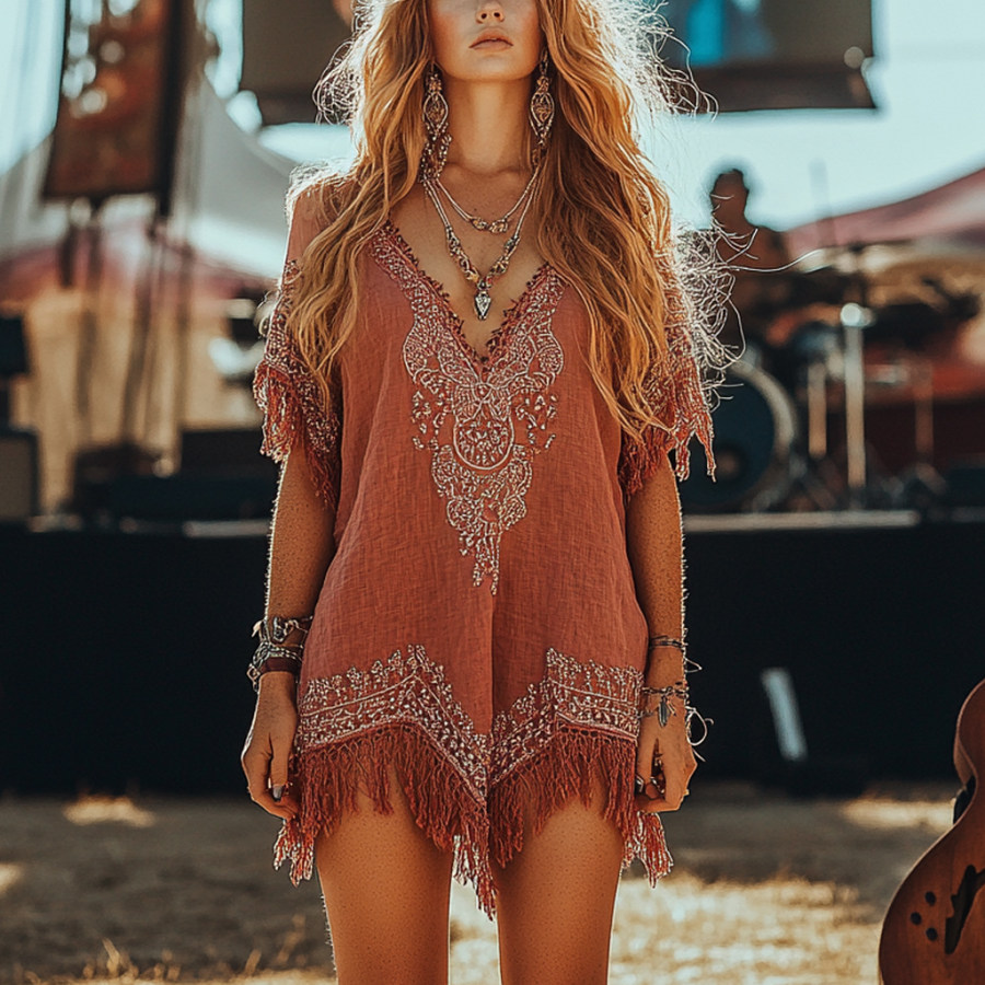 

Music Festival Rock Rave Party Vintage Wasteland Ethnic Lace Tassel Floral Linen Dress