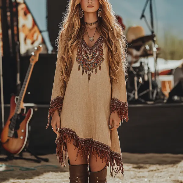 Music Festival Rock Rave Party Vintage Wasteland Ethnic Lace Tassel Floral Linen Dress - Cotosen.com 