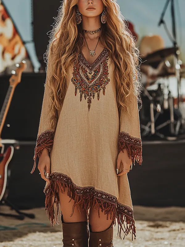 Music Festival Rock Rave Party Vintage Wasteland Ethnic Lace Tassel Floral Linen Dress - Pragmaace.com 