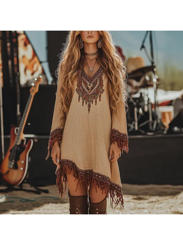 Music Festival Rock Rave Party Vintage Wasteland Ethnic Lace Tassel Floral Linen Dress - Ootdmw.com 