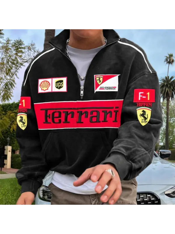 Men's 2025 Newest Retro Racing Print Black Oversized Hoodie - Aptkoi.com 