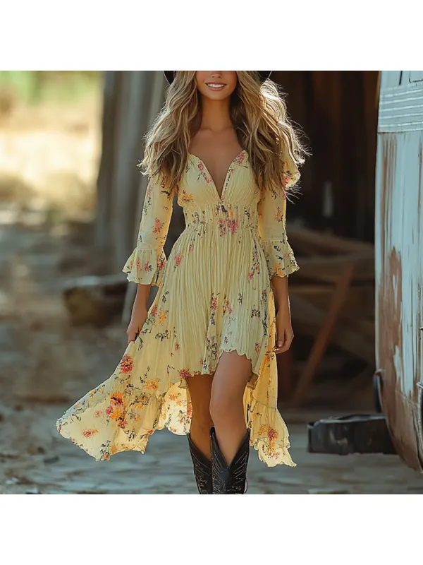 Western Cowgirl Floral Ethnic Print Lace-up Vintage Dress - Viewbena.com 