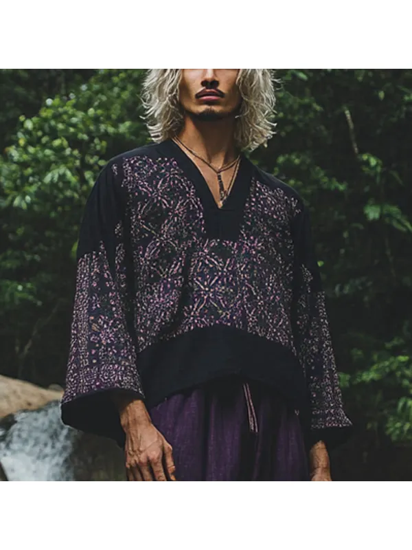 Men's Bohemian Holiday Style Vintage Ethnic Totem Printed Cotton And Linen Casual Tops - Localziv.com 