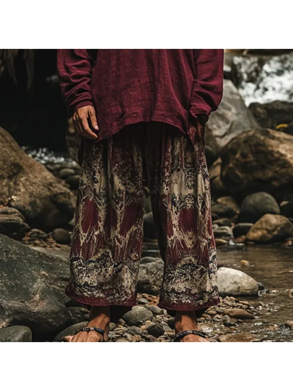Men's Bohemian Holiday Style Vintage Ethnic Totem Print Cotton And Linen Casual Pants - Localziv.com 