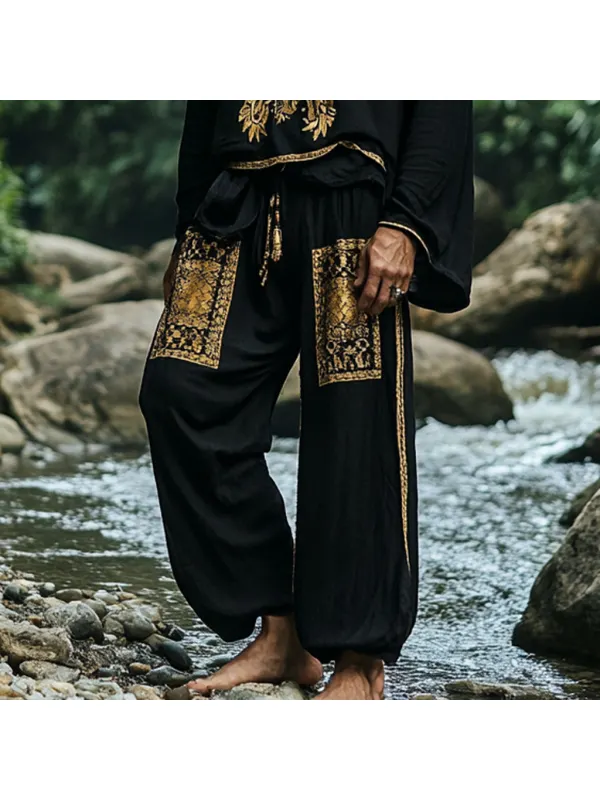 Men's Bohemian Holiday Style Vintage Ethnic Totem Print Cotton And Linen Casual Pants - Localziv.com 