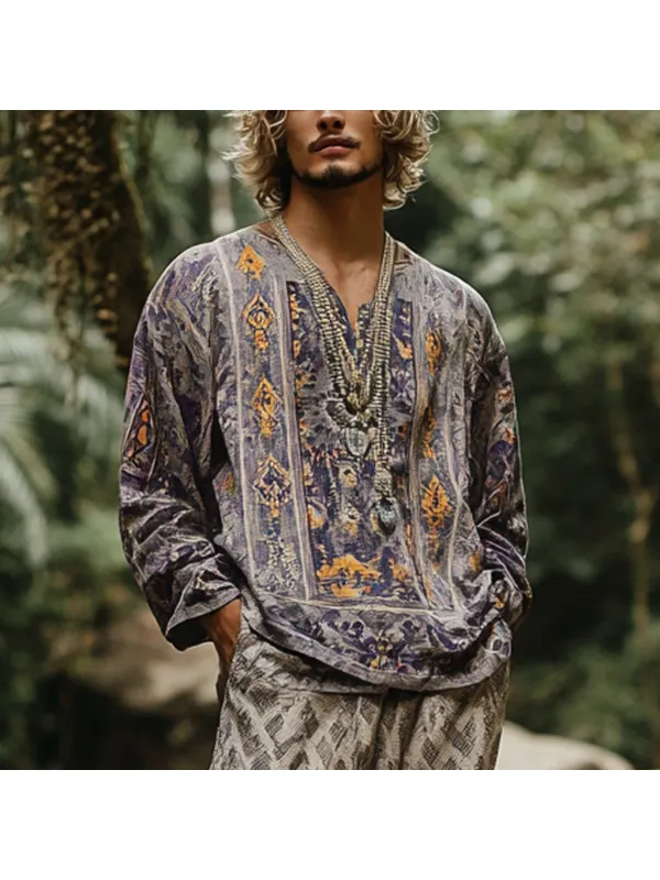 Men's Bohemian Holiday Style Vintage Ethnic Totem Printed Cotton And Linen Casual Tops - Localziv.com 