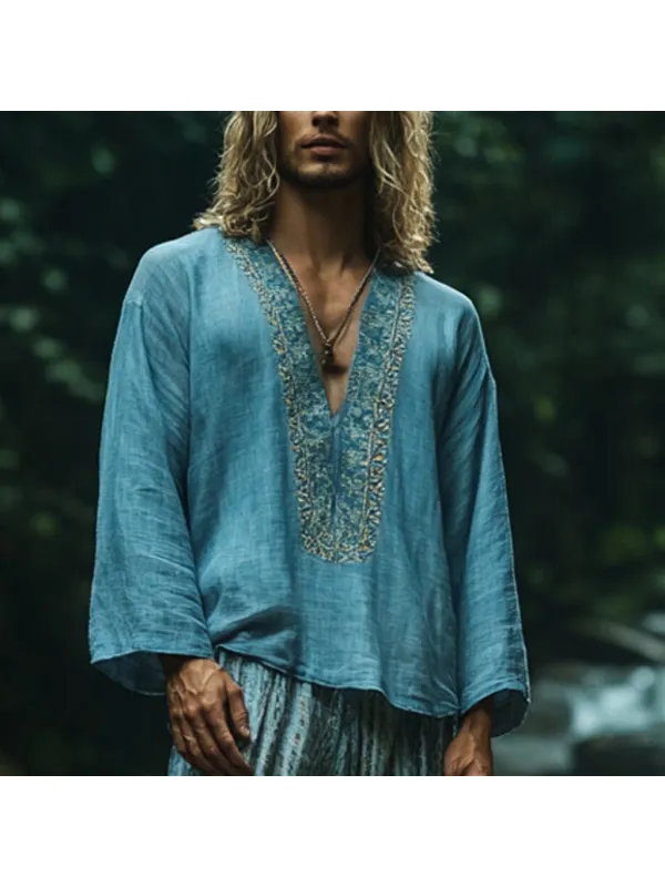 Men's Bohemian Holiday Style Vintage Ethnic Totem Printed Cotton And Linen Casual Tops - Localziv.com 