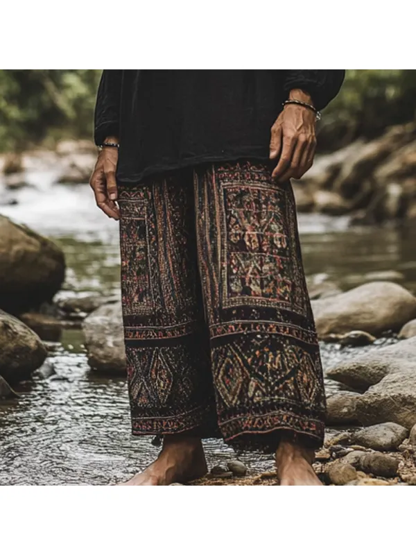 Men's Bohemian Holiday Style Vintage Ethnic Totem Print Cotton And Linen Casual Pants - Localziv.com 