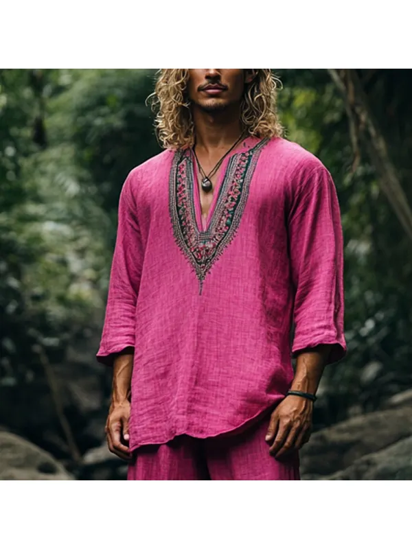 Men's Bohemian Holiday Style Vintage Ethnic Totem Printed Cotton And Linen Casual Tops - Localziv.com 