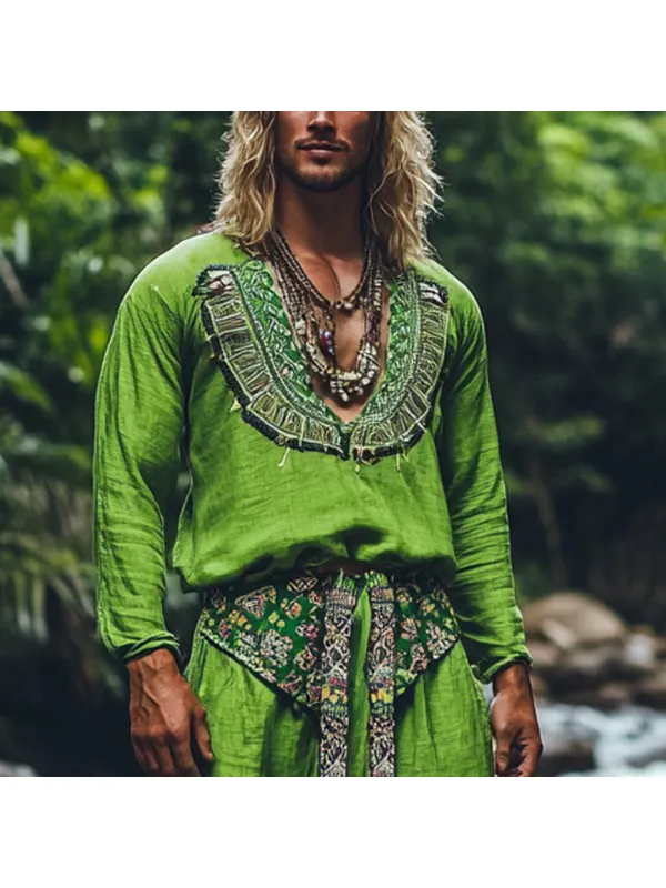 Men's Bohemian Holiday Style Vintage Ethnic Totem Printed Cotton And Linen Casual Tops - Localziv.com 