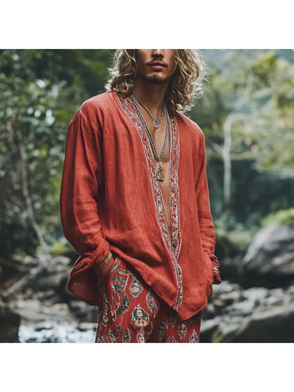 Men's Bohemian Holiday Style Vintage Ethnic Totem Printed Cotton And Linen Casual Tops - Localziv.com 