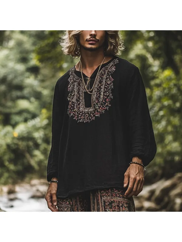 Men's Bohemian Holiday Style Vintage Ethnic Totem Printed Cotton And Linen Casual Tops - Localziv.com 