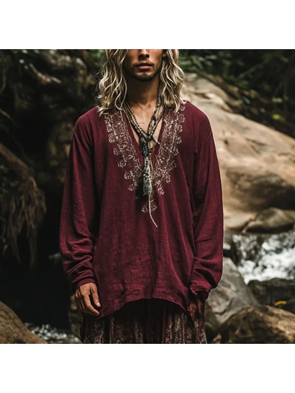 Men's Bohemian Holiday Style Vintage Ethnic Totem Printed Cotton And Linen Casual Tops - Localziv.com 