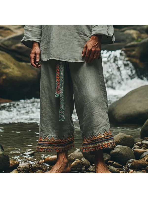 Men's Bohemian Holiday Style Vintage Ethnic Totem Print Cotton And Linen Casual Pants - Localziv.com 