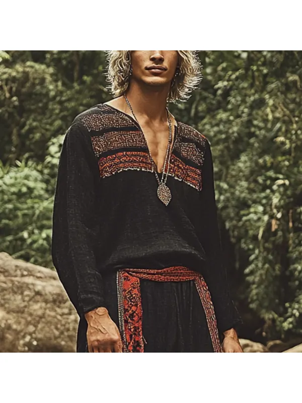 Men's Bohemian Holiday Style Vintage Ethnic Totem Printed Cotton And Linen Casual Tops - Localziv.com 