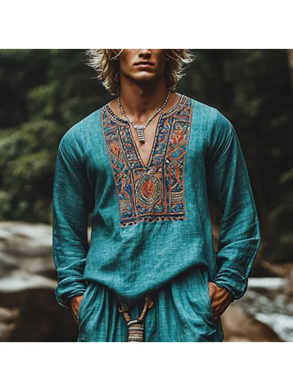 Men's Bohemian Holiday Style Vintage Ethnic Totem Printed Cotton And Linen Casual Tops - Localziv.com 