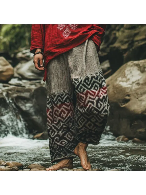 Men's Bohemian Holiday Style Vintage Ethnic Totem Print Cotton And Linen Casual Pants - Localziv.com 