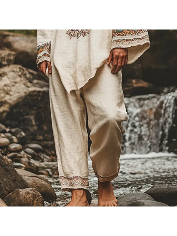 Men's Bohemian Holiday Style Vintage Ethnic Totem Print Cotton And Linen Casual Pants - Localziv.com 