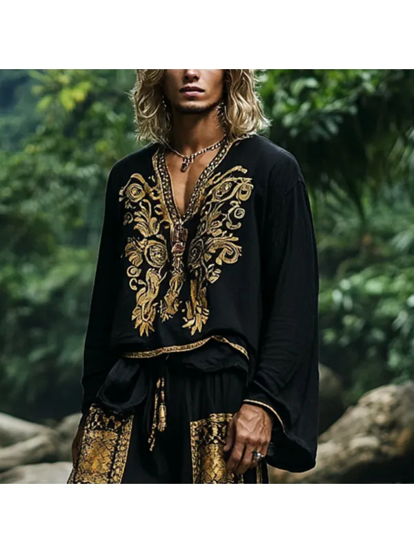 Men's Bohemian Holiday Style Vintage Ethnic Totem Printed Cotton And Linen Casual Tops - Localziv.com 