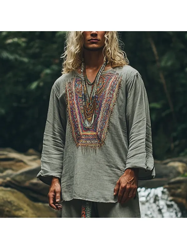 Men's Bohemian Holiday Style Vintage Ethnic Totem Printed Cotton And Linen Casual Tops - Localziv.com 