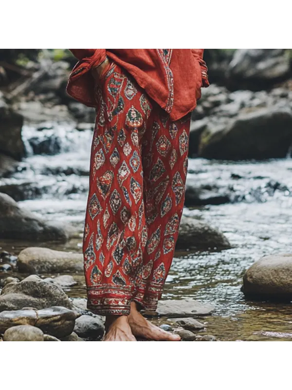 Men's Bohemian Holiday Style Vintage Ethnic Totem Print Cotton And Linen Casual Pants - Localziv.com 