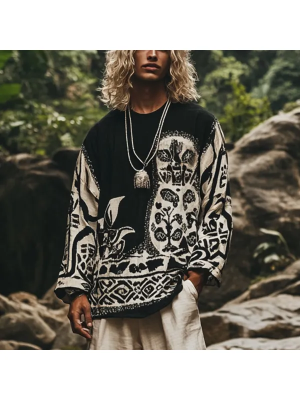 Men's Bohemian Holiday Style Vintage Ethnic Totem Printed Cotton And Linen Casual Tops - Localziv.com 