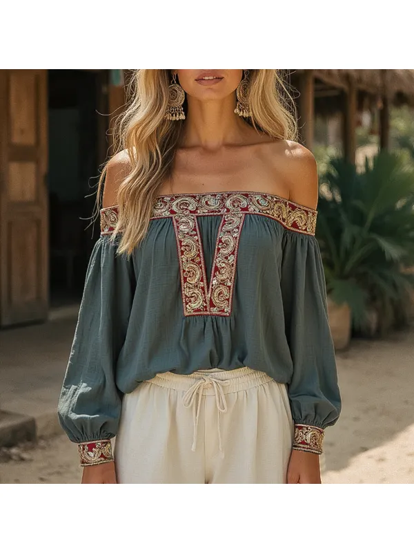 Women's Vintage Embroidered Woven Long Sleeve Shirt - Localziv.com 