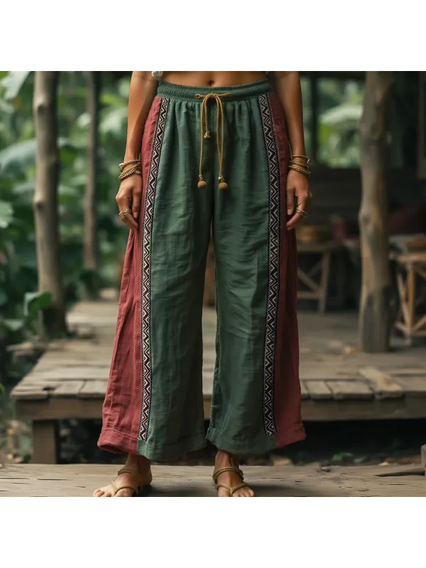 Unisex Retro Ethnic Style Ribbon Cotton And Linen Long Wide-leg Casual Pants - Localziv.com 