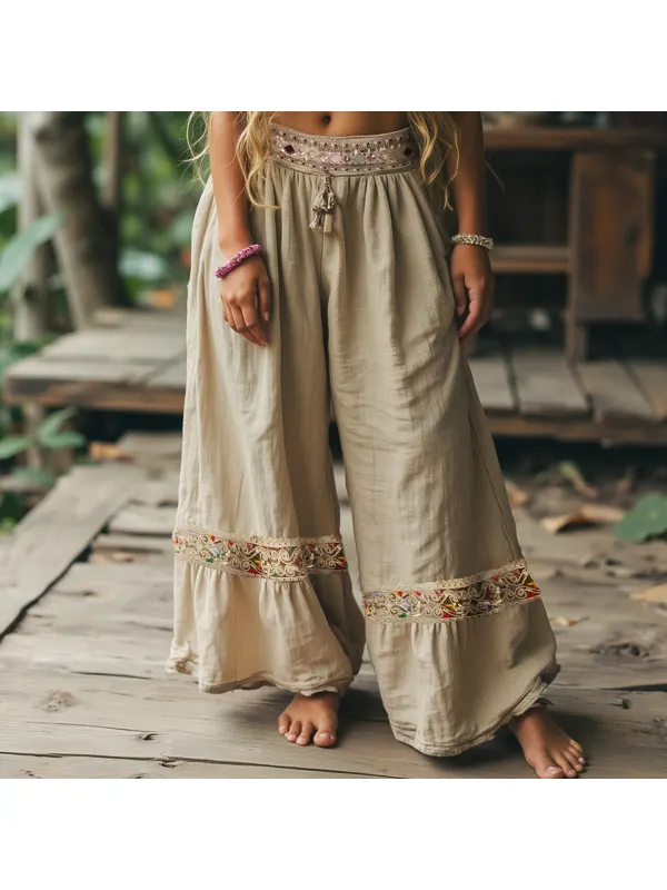 Women's Casual Vintage Embroidered Sequined Long Wide-leg Pants - Cominbuy.com 
