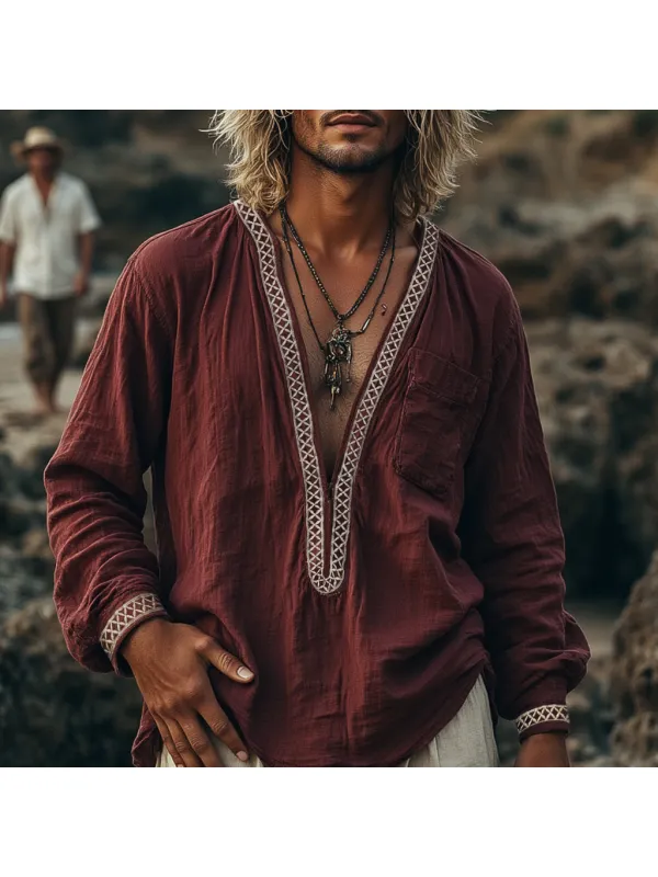 Men's Casual Vintage Embroidered Sequined Shirt - Localziv.com 