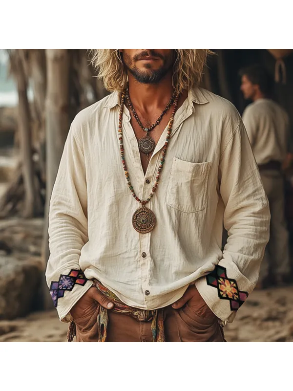 Men's Casual Vintage Embroidered Sequined Shirt - Localziv.com 