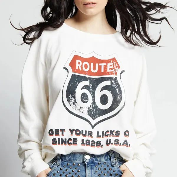 Women's Vintage Route 66 Graphic Outdoor Road Trip Sweatshirt White - Cotosen.com 